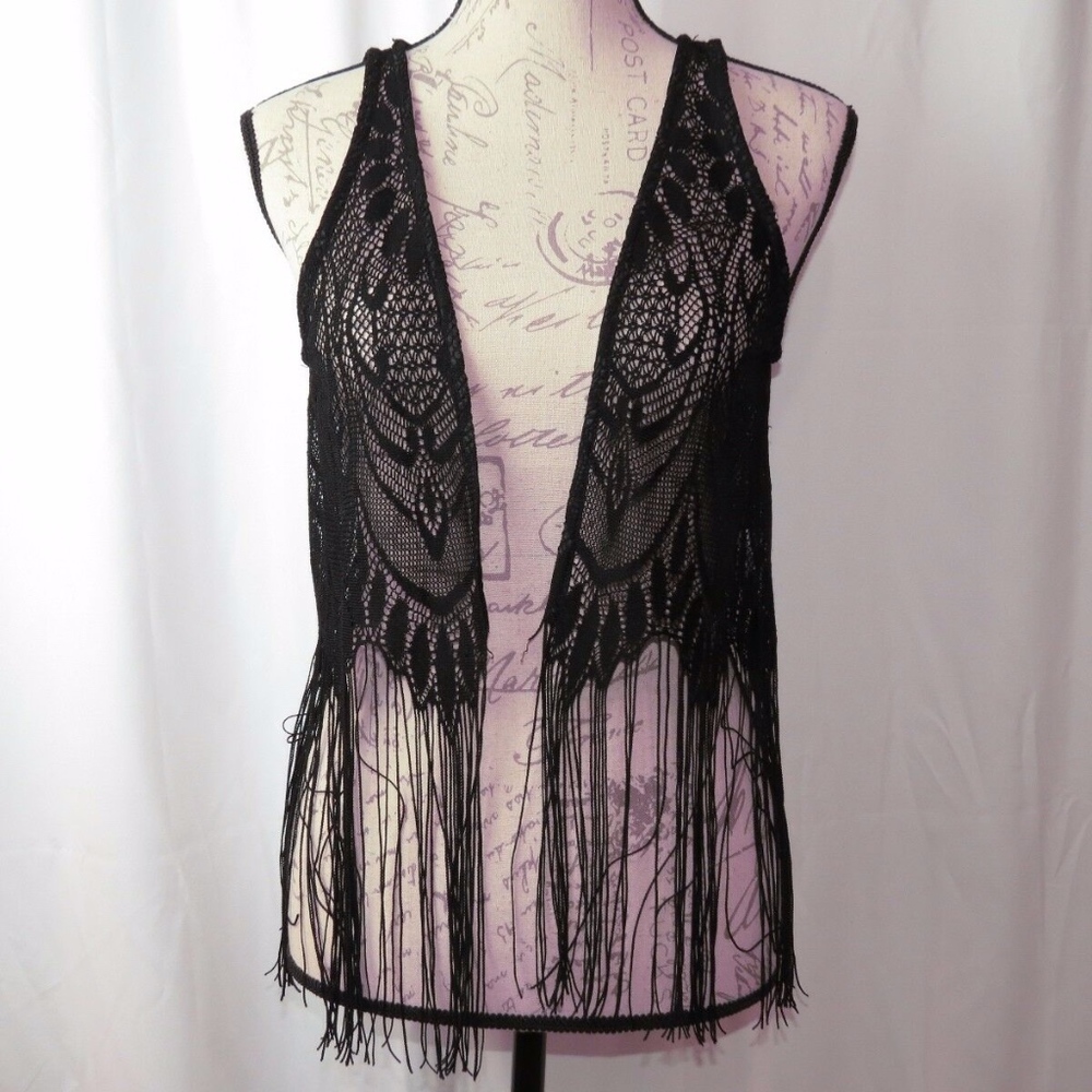 Black Poppy Black Open-Stitch Fringe Vest Cardigan